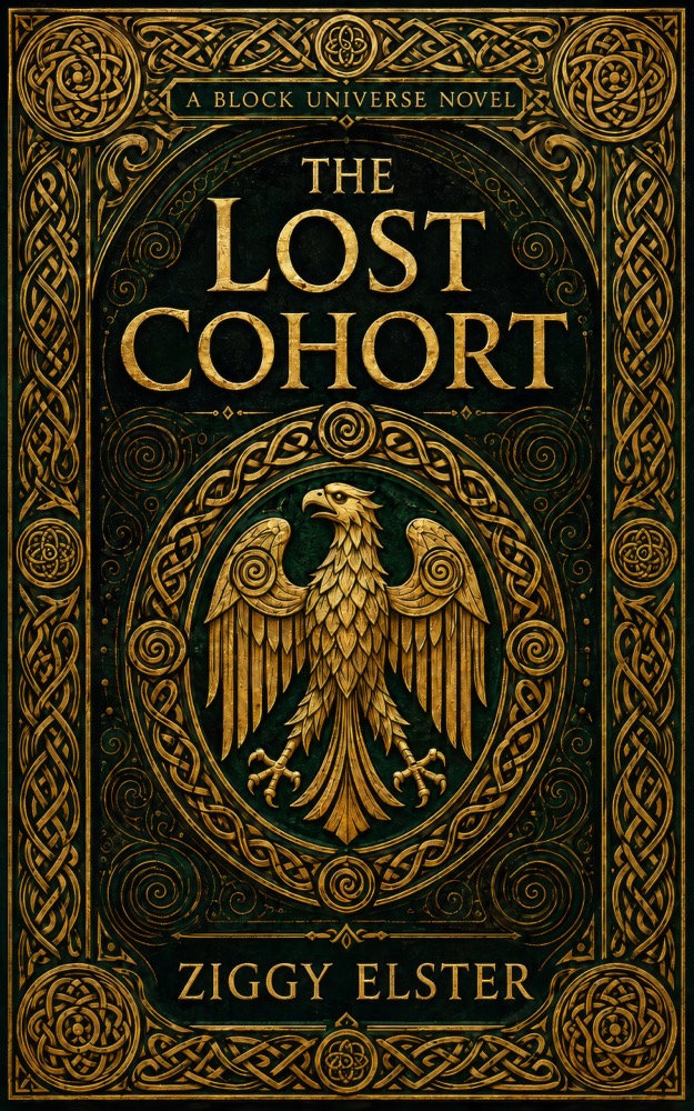 The Lost Cohort by Ziggy Elster: a golden eagle and interlaced ornament on a dark green cover